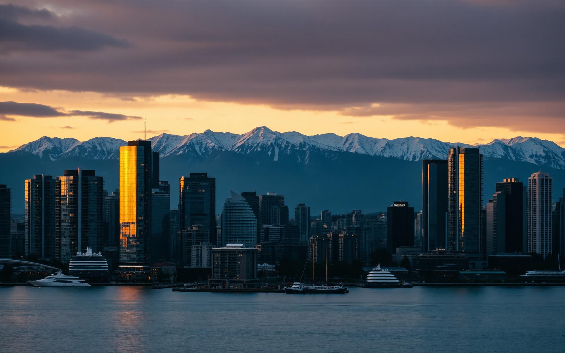 Vancouver skyline at dusk with Coast Mountains